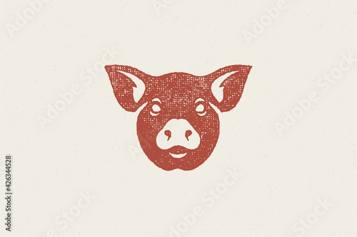 Pig head silhouette for meat industry hand drawn stamp effect vector illustration.