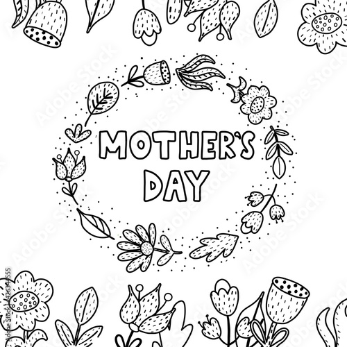 Mothers Day black and white greeting card. Coloring page for kids. Activity template. Vector illustration