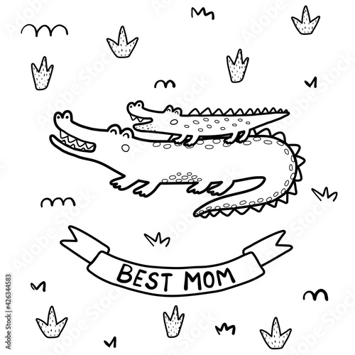 Best Mom coloring page with cute crocodiles - mommy and baby. Black and white print for mothers day activity. Funny greeting card. Vector illustration