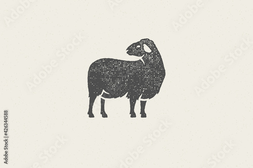 Woolly sheep silhouette for domestic farm industry hand drawn stamp effect vector illustration.