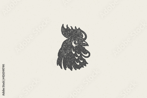 Canvas Print Black rooster head silhouette for poultry farm industry hand drawn stamp effect vector illustration