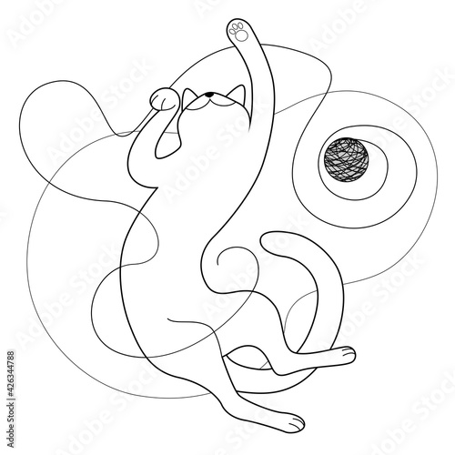 The lazy cat is lying. Linear simple vector illustration