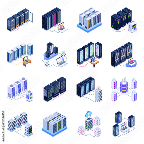 Isometric Icons of Connected Servers in Modern Style Designs
