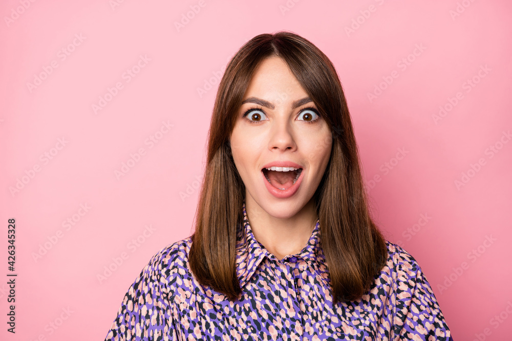 Fototapeta premium Photo portrait of excited screaming woman isolated on pastel pink colored background