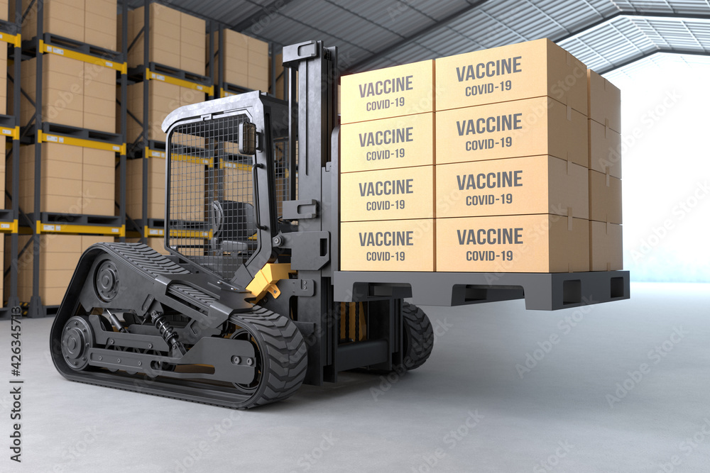 The forklift truck is lifting a pallet with packages containing COVID-19 vaccine