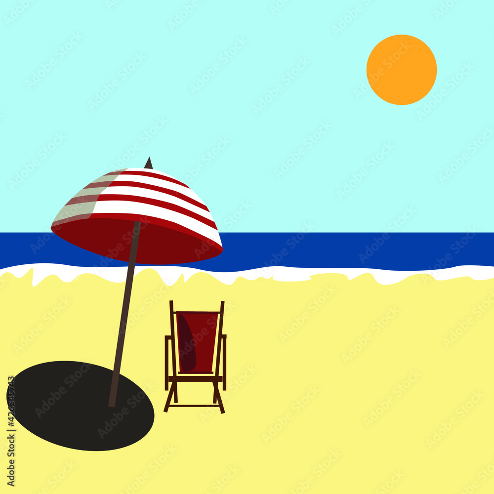 vector illustration of summer beach, sea, umbrella and chair on the beach