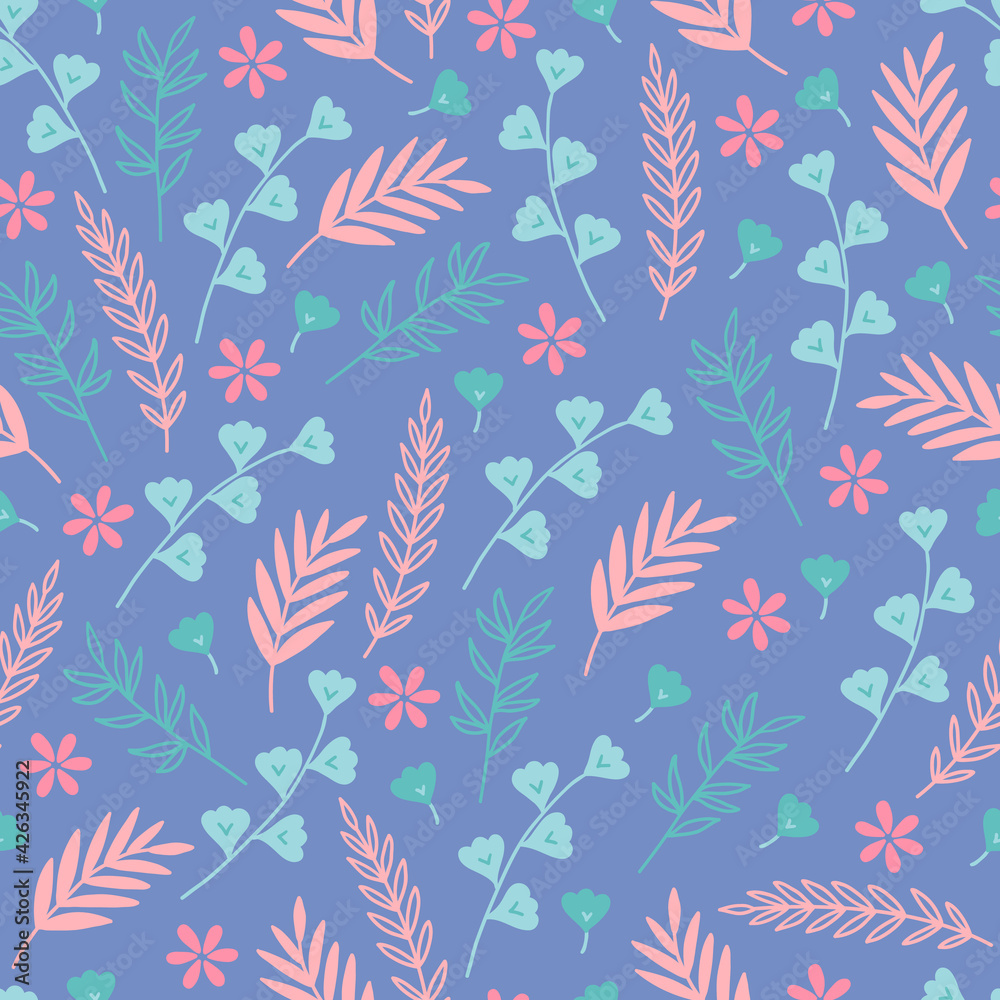 Floral seamless pattern with leaves, palm branches, flowers. Scandinavian style
