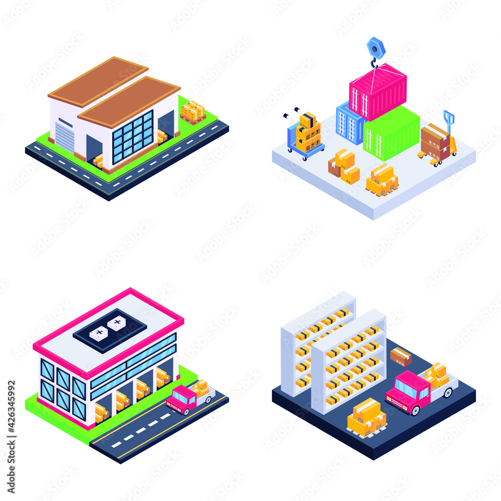 
Pack of Warehouses and Logistics Isometric Icons

