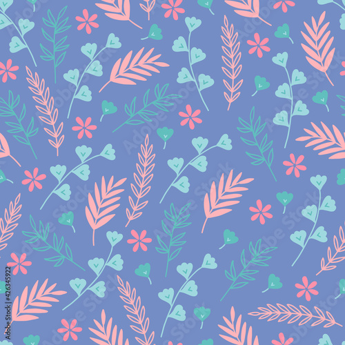 Floral seamless pattern with leaves, palm branches, flowers. Scandinavian style