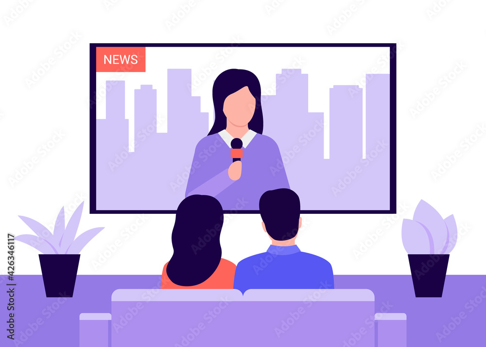 People sitting on couch and watching news on television at home. Couple man and woman watching TV, back view. Family rest, recreation, spending time. Vector illustration People sitting on couch and watching news on television at home. Couple man and woman watching TV, back view. Family rest, recreation, spending time. Vector illustration