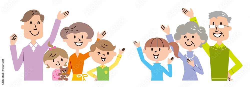 上方に手を向ける三世代家族の上半身イラスト