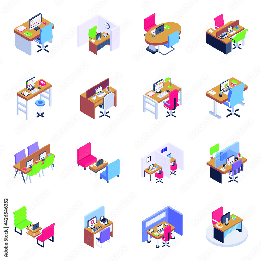 
Pack of Place of Work Isometric Icons 

