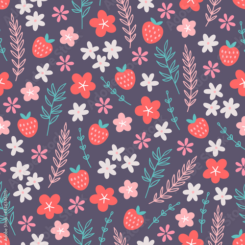 Floral seamless pattern with strawberry, flowers, leaves, branches. Scandinavian style