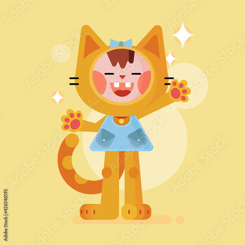 Cheerful little kitten girl smiling. Cartoon color vectron illustration with character