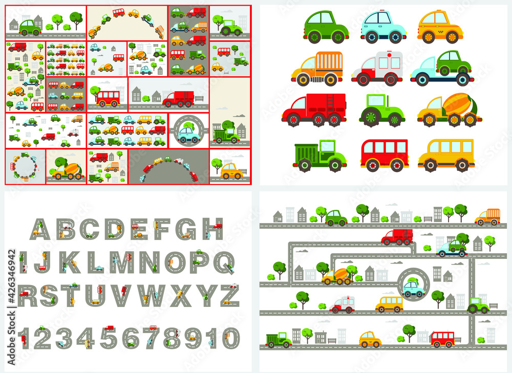 Track road alphabet, numbers. Baby city cars set. Vector cartoon illustrations for kids, nursery, poster, card, birthday party, baby t-shirts.