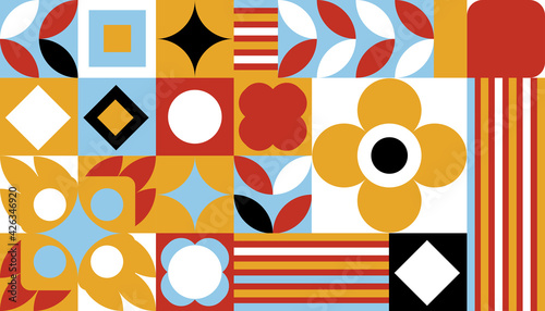 Ornament of simple shapes with a floral motif. Colored vector illustration