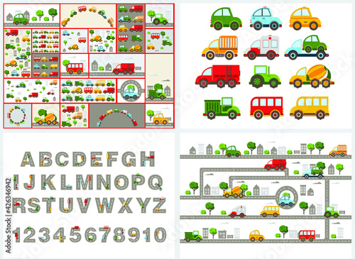 Track road alphabet  numbers. Baby city cars set. Vector cartoon illustrations for kids  nursery  poster  card  birthday party  baby t-shirts.