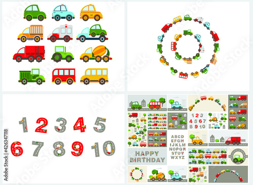 Track road numbers, colored cars.Baby city cars set. Vector cartoon illustrations for kids, nursery, poster, card, birthday party, baby t-shirts.