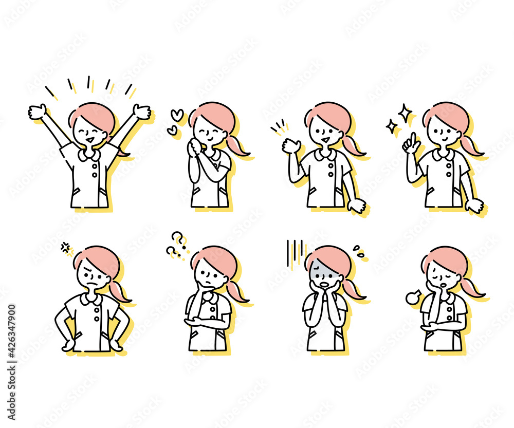 Naklejka premium 白衣を着た女性看護師の感情表現イラスト（上半身）