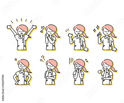白衣を着た女性看護師の感情表現イラスト（上半身）