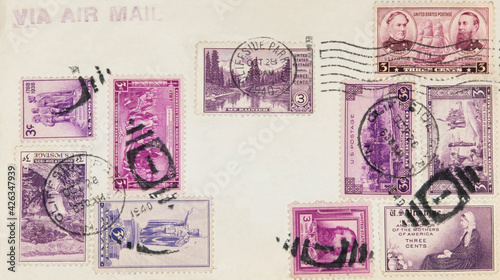 Briefmarke stamp gestempelt used frankiert cancel vintage retro alt old briefumschlag envelope lila purple usa amerika america landschaft landscape cliffside park 1940 schiff ship person mann frau photo