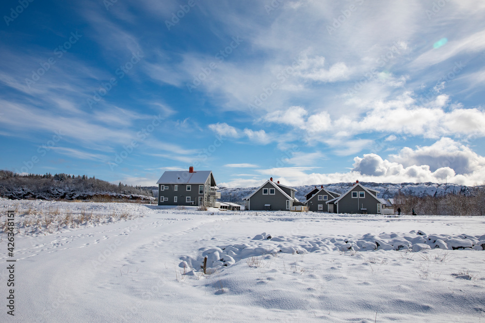Spring and new snow on Mosheim residential area,Helgeland,Nordland county,Norway,scandinavia,Europe