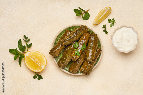 Stuffed grape leaves  rolls dolma. Traditional middetarean ,caucasian ,turkish and arabic  cuisine  . Top view                       photo