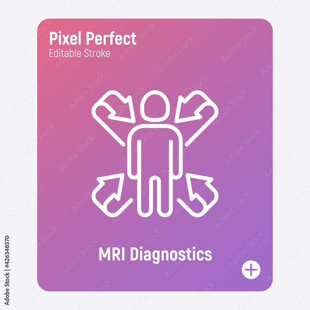 Scanning of human body, MRI scan thin line icon. Medical equipment for oncology detection. Pixel perfect, editable stroke. Vector illustration.