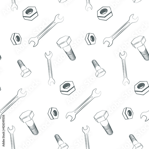 Male print. Seamless vector pattern for boys. Instruments. Nut, bolt, wrench. Gray drawing