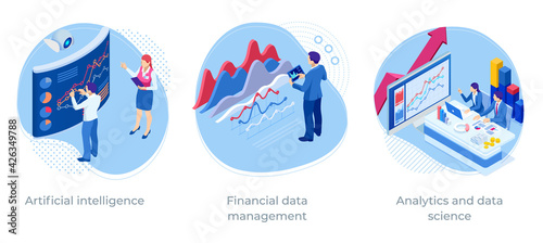 Isometric web business concept of financial administration, accounting, analysis, audit, financial report. Auditing tax process. Documents, graphics, charts, planner, calendar, report.