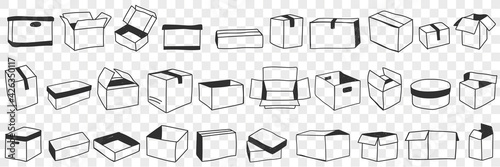Open and closed boxes doodle set. Collection of hand drawn various shapes of open and closed parcel boxes for delivery and transporting orders isolated on transparent background