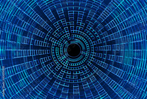 Data stream. Blue neon hi tech background. Dark blue circular background. Modern cyberspace virtual banner, copy space.