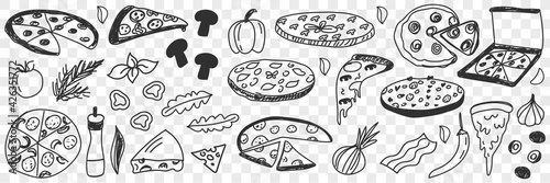 Ingredients for pizza doodle set. Collection of hand drawn tasty cheese vegetables onion pepper salami and pieces of fresh cooked pizza fast food isolated on transparent background