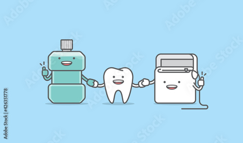 A friendly tooth, mouthwash , floss cartoon character holding hand together, Meaning is the tooth be healthy by cleaning with mouthwash and floss, illustration vector, Dental care concept.