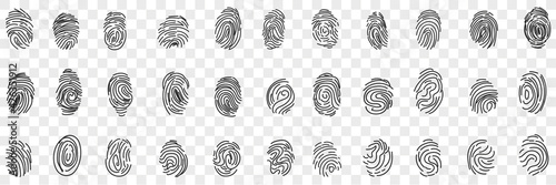 Fingerprints personal identity doodle set. Collection of hand drawn various human fingerprints for identifying person or passport identification or traveling isolated on transparent background