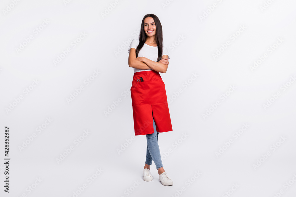 Full size photo of optimistic brunette long hairdo lady crossed arms wear t-shirt isolated on grey background Full size photo of optimistic brunette long hairdo lady crossed arms wear t-shirt isolated on grey background