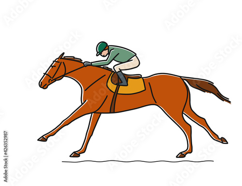 Jockey during horse races on horse going towards finish line.