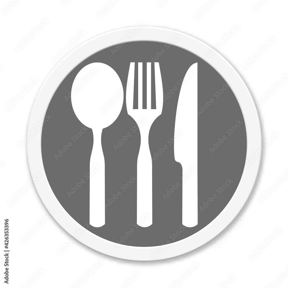 Runder grauer Button zeigt Restaurant oder Essen mit Besteck Runder grauer Button zeigt Restaurant oder Essen mit Besteck