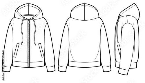 Blank Men's and Women's hoodies in front, back and side views.
