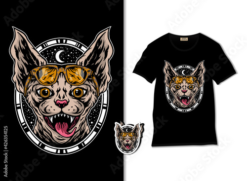 Sphynx cat mascot vector. Sphynx wearing sunglasses with t shirt design