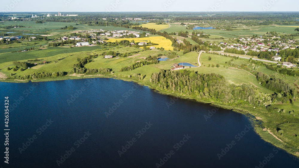 Aerial view of Saldus city and lake, Latvia