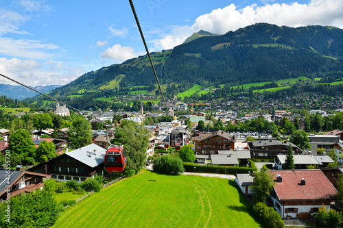 View of the Kitzbuhel town seen from cable car who lift up to Hahnenkamm ski run, Kitzbuhel, Tirol, Austria