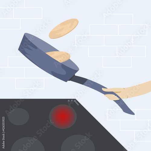 Cooking pancakes in the kitchen. Vector flat cartoon illustration of an electric stove. The hand tosses the pancakes in a frying pan. The chef prepares breakfast. No diet day.
