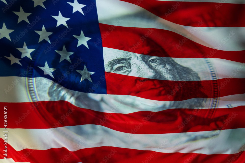 Obraz premium American financial system. American flag and us dollar. American currency. U.S. economy. World economy. Economy of different countries.