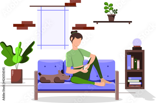 Young girl surfing the internet at home. A girl on the couch with a dog. A relaxed home environment. Self-isolation. Flat vector illustration.