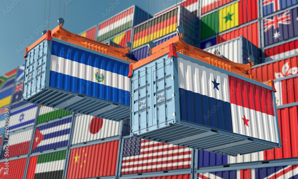 Freight containers with Panama and El Salvador national flags. 3D Rendering 