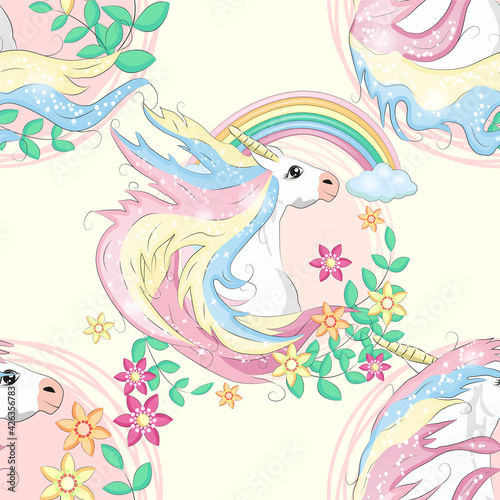Doodle unicorn pattern for textile design. Animal cartoon. Ditsy print. Trendy seamless pattern. Fabric pattern.