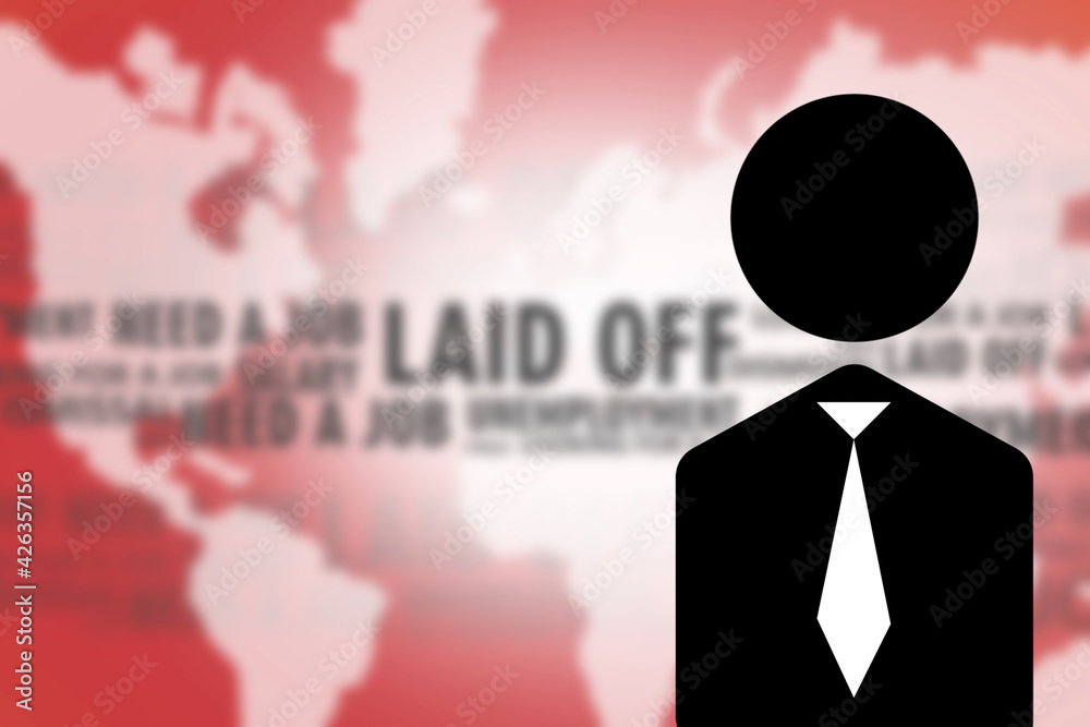 Abstract office worker on the background of blurred words about unemployment. Reduction of employees. Bankruptcy of firms. Unemployment in the world. A large number of people are looking for work. Abstract office worker on the background of blurred words about unemployment. Reduction of employees. Bankruptcy of firms. Unemployment in the world. A large number of people are looking for work.