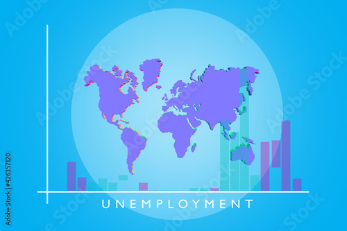 Unemployment around the world. Graph of unemployment against the background of the world map. The state of the labor market in different countries. Crisis in the labor market.
