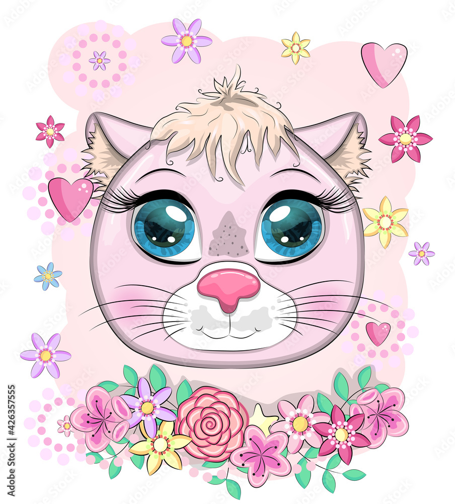 Fototapeta premium Cute cartoon pink cat, kitten on a background of flowers